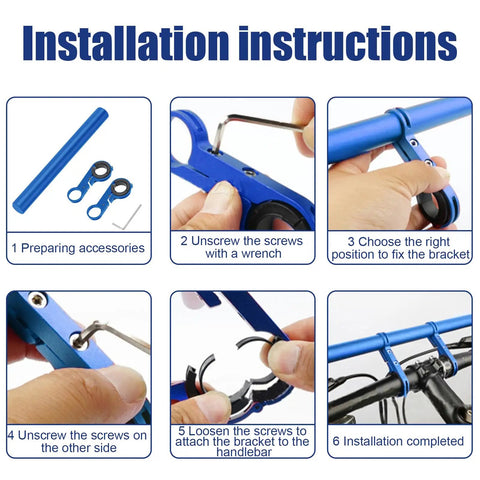 Installation steps for 20cm Bike Handlebar Extension Frame With Double Clamp Bracket, aluminum alloy, rust resistant.
