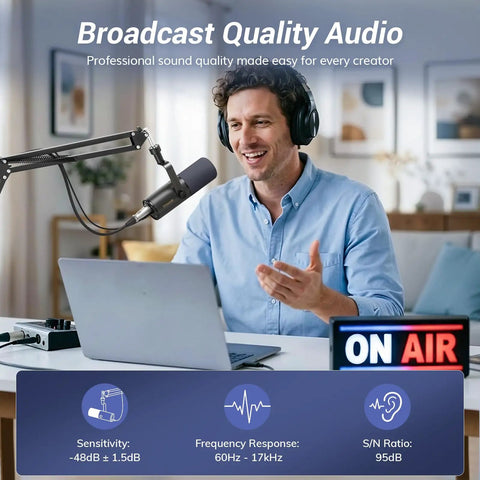 Person using Dynamic Podcast Microphone For Studio With Cardioid XLR USB Outputs AI Noise Reduction Tap To Mute, Black TD510 Air H Plus