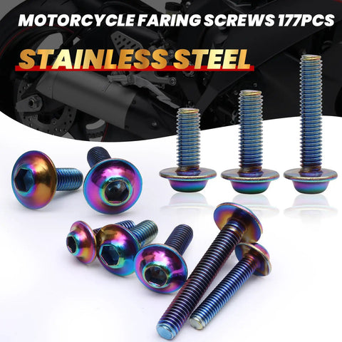 Sweet Ride Motorcycle Fairing Bolts Kit M5 And M6 Stainless Steel Fastener Set, 177-piece assortment of colorful screws.