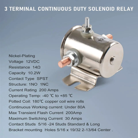 Beefy 200A 12V Three Terminal Solenoid Relay For Golf Carts And Heavy Duty Winches, Marine Ready SPST 12VDC, Zinc Plated Housing, Pro Grade Switch For Auto, ATV, Boat Projects With Smooth Power Switching, nickel-plated 12V relay with 5/16-24 studs