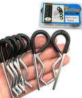 Heavy Duty Hitch Pins Clip R Clips Spring Retaining Pins Set Built Tough With Rubber Coated Grip For Trailers Tractors Mowers Carts And Trucks Thick 3.5mm Wire Diameter And 75mm Length Durable R Clips For Quick Pin Retention displayed in packaging and in hand