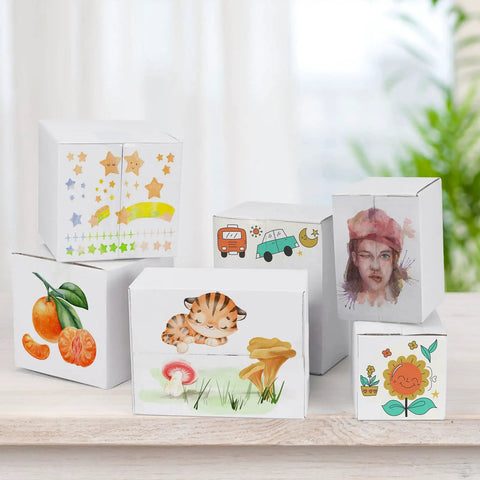 Decorated 6x6x6 Shipping Boxes For Small Biz with artistic designs, part of a 40 pack white corrugated cardboard series.