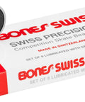 Bones Swiss skateboard bearings 8-pack, metal bearings on a white box with red branding, angled front view