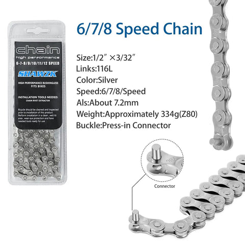 6/7/8 Speed Bike Chain For Road And Mountain Bikes, Full Silver Plating, 116 Links, Compatible With Shimano And SRAM