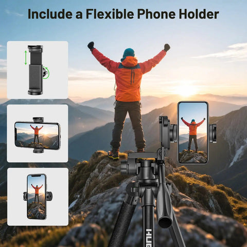 Beefy Heavy Duty Laser Level Tripod Stand, 60 Inch Adjustable Support For Laser Levels And Distance Meters, One Quarter Inch And Five Eighth Inch Mounts, Non Slip Feet, Three Way Pan Head With Bubble Level with flexible phone holder