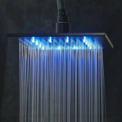 UMJIGF Shower System Black Shower Faucet Set with Led Digital Display, close-up of blue LED waterfall shower head.