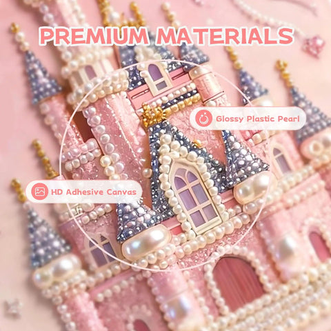 Close-up of Dope 3D Castle Beaded Art Kit with pearl painting showing glossy plastic pearls and HD adhesive canvas.