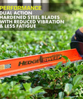 40V Cordless Hedge Trimmer Kit With 24 Inch Dual Steel Blades And Fast Charger For Zero Hassle Yard Work and Serious Weekend Warrior Grind For Nifty Garden Refresh blade detail on shrub with debris sweeper.