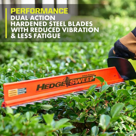 40V Cordless Hedge Trimmer Kit With 24 Inch Dual Steel Blades And Fast Charger For Zero Hassle Yard Work and Serious Weekend Warrior Grind For Nifty Garden Refresh blade detail on shrub with debris sweeper.
