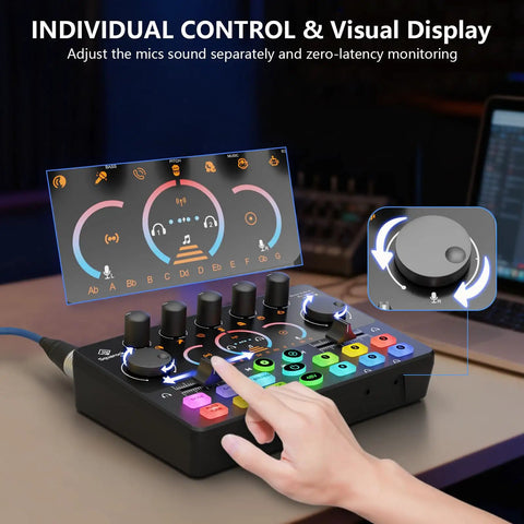 Two Person Podcast Gear Bundle With Dual XLR Condenser Mics USB Audio Interface 48V Phantom Power Built In Recorder close-up of control interface
