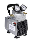 Heavy Duty High Capacity Vacuum Pump Pulls Drop Dead Solid Suction At 1.1 CFM with pressure gauges and compact design.