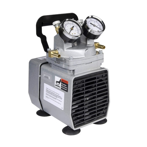 Heavy Duty High Capacity Vacuum Pump Pulls Drop Dead Solid Suction At 1.1 CFM with pressure gauges and compact design.