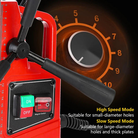 Heavy Duty Magnetic Drill Press 110V 1300W with control panel showing speed settings for metal boring up to 1.57 inch.