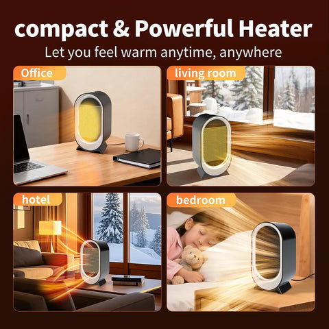 Hot In 2 Seconds 850W PTC Ceramic Space Heater Portable Quiet Desk Heater in office, bedroom, living room, and hotel use.