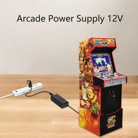 Replacement 12V Power Supply For Arcade Game Machines And All Riser Cocktail Tables Including CounterCade Pac Man Series BI36 120300 U2 Compatible Plug And Play Adapter For Arcade1Up Units, shown powering an arcade machine.
