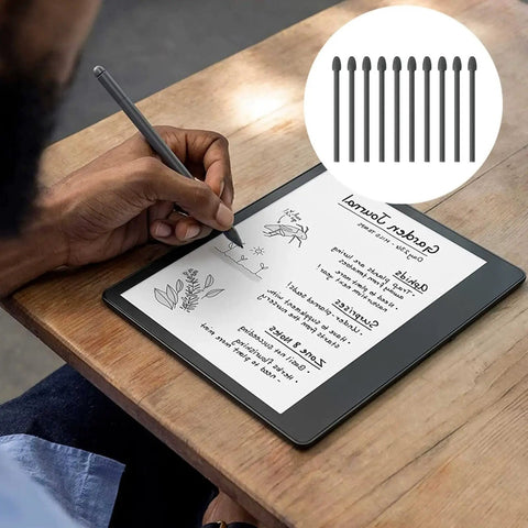 Person using Boutique Grade Replacement Pen Tips For Kindle Scribe on a tablet, sketching notes and illustrations.