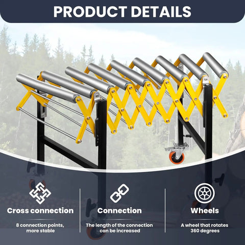 Close-up of Heavy Duty Expandable Conveyor Roller With 1250 Lbs Hauling Capacity And Smooth Glide Skate Wheels showing cross connections and adjustable height.
