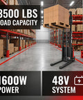 3500 Lbs Semi Electric Pallet Stacker Heavy Duty Workhorse 48V Battery Material Lift in warehouse with stacked boxes.