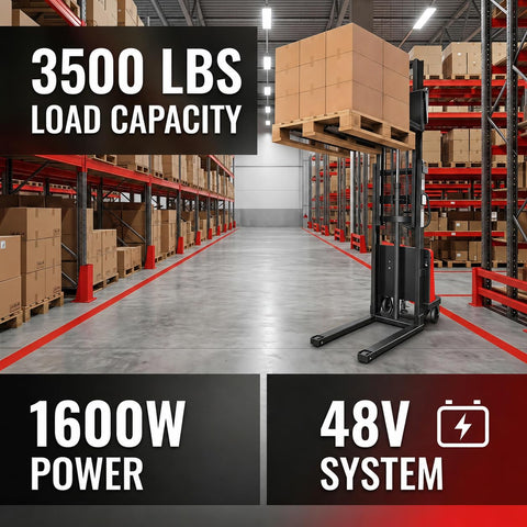 3500 Lbs Semi Electric Pallet Stacker Heavy Duty Workhorse 48V Battery Material Lift in warehouse with stacked boxes.