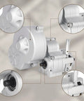Close-up of beefed up aluminum alloy RC transmission gearbox for 1-10 scale crawler cars, highlighting metal gearset details.
