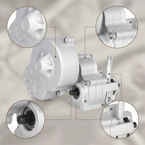Close-up of beefed up aluminum alloy RC transmission gearbox for 1-10 scale crawler cars, highlighting metal gearset details.