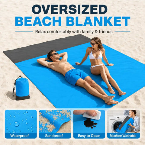 Sandproof Waterproof Beach Blanket, Extra Large 79x55 Inch Outdoor Mat For 1-4 Adults, on sand with two people lounging.