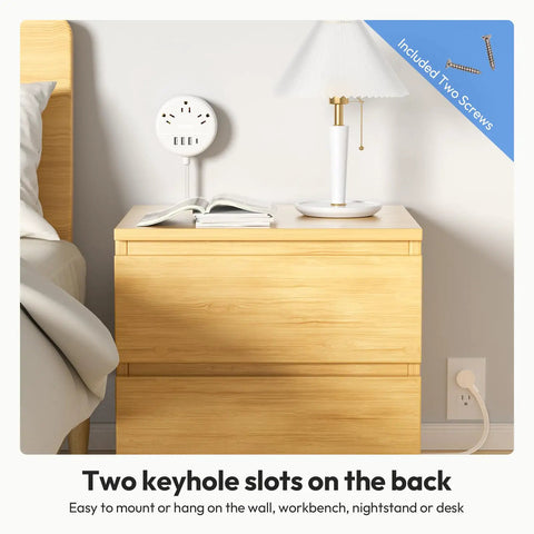 Flat Plug Power Strip With USB Ports And Wall Mount For Dorm And Office Use, shown mounted on a wooden nightstand.