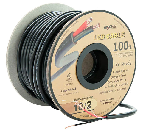 Spool of 100 ft 18 AWG Low Voltage LED Cable Two Conductor Outdoor Rated Black Jacket In Wall Speaker Wire UL Class 2