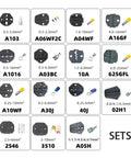 High Performance Hydraulic Crimping Tool With 15 Interchangeable Dies, black die set for various wire sizes, connectors, and settings.