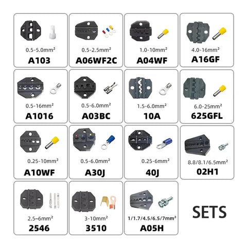 High Performance Hydraulic Crimping Tool With 15 Interchangeable Dies, black die set for various wire sizes, connectors, and settings.
