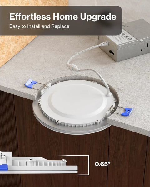 Close-up of 24 Pack 6 Inch Canless Led Ultra Slim Recessed Lights With Junction Box, showcasing easy installation features.