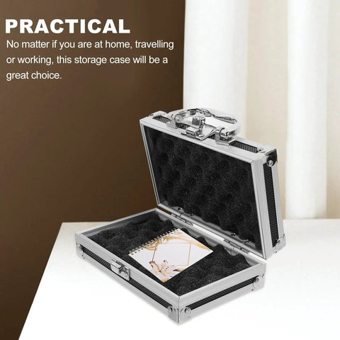 Heavy Duty Metal Briefcase Toolbox With Rugged Handle And Smart Compartments Built Solid For On The Go Handymen Fixing Cars Or Stashing Daily Gear, open showing compartments and a notepad.