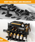 Before and after comparison of garage wall with Power Tool Storage Rack With Six Drill Holders And Pegboard Organizer Shelf