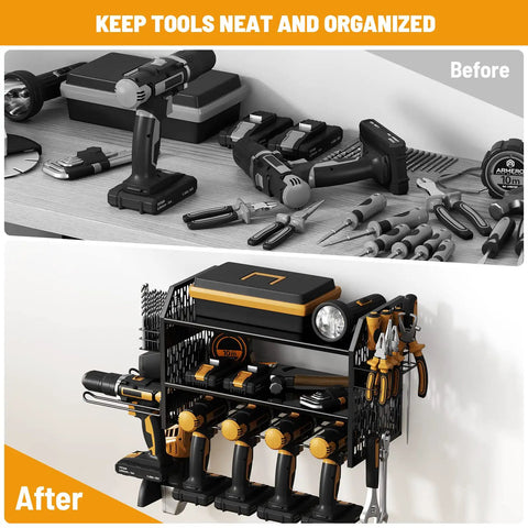Before and after comparison of garage wall with Power Tool Storage Rack With Six Drill Holders And Pegboard Organizer Shelf