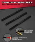 Kolvoii 61-piece thread restorer kit; front view shows three long black metric/SAE thread files with removable cap