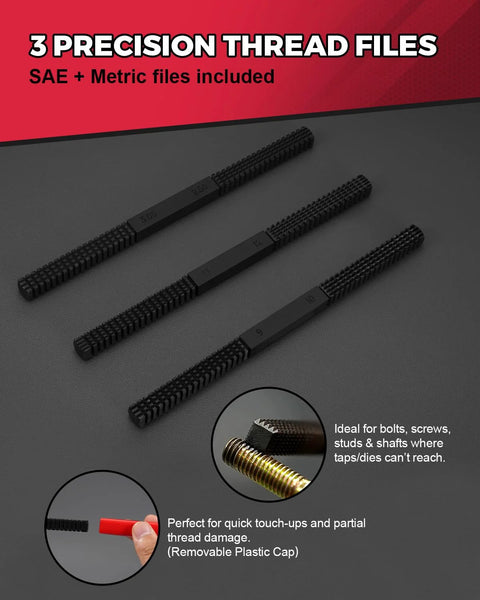 Kolvoii 61-piece thread restorer kit; front view shows three long black metric/SAE thread files with removable cap