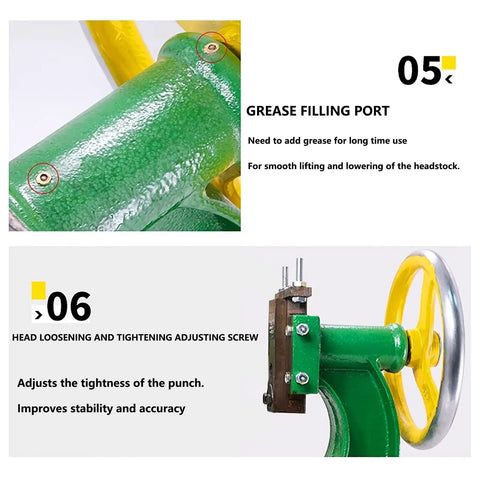 Grease filling port and adjusting screw of Heavy Duty Manual Hand Wheel Press 1.2 Ton Capacity Precision Cast Iron Flatbed Bench Arbor Machine.