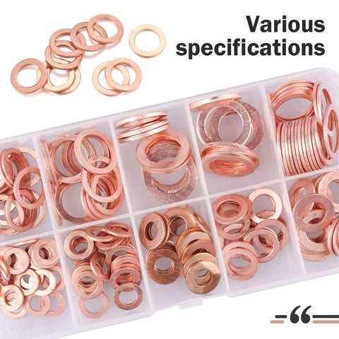 200 Piece Copper Crush Washers Set for Cars and Motorcycles, 9 Metric Sizes, organized in clear plastic box