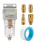 Heavy Duty Air Line Water Separator Filter 1/4 Inch NPT For Air Compressors AF2000-02 With 5 Micron Brass Element, accessories shown