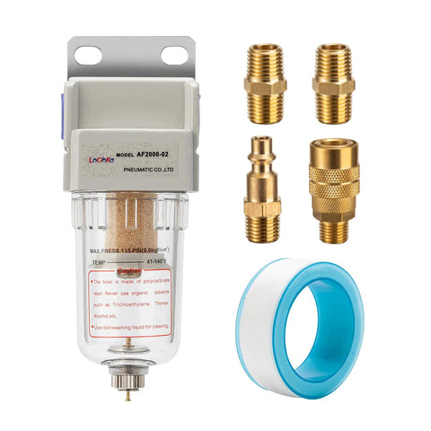 Heavy Duty Air Line Water Separator Filter 1/4 Inch NPT For Air Compressors AF2000-02 With 5 Micron Brass Element, accessories shown
