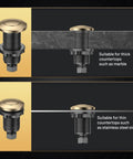 Wireless Sink Top Button For Garbage Disposals, Champagne Bronze Finish, shown in countertop installation for different thicknesses