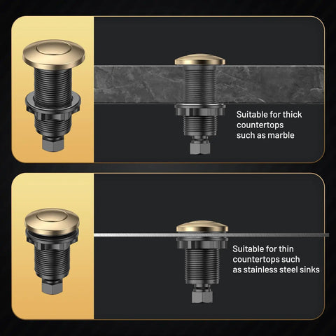Wireless Sink Top Button For Garbage Disposals, Champagne Bronze Finish, shown in countertop installation for different thicknesses