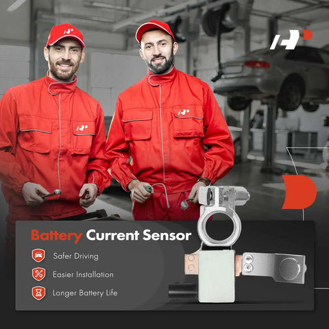 Heavy Duty Battery Current Monitor Sensor Module For Chevrolet Cruze Base 2016 2017 2018 displayed with mechanics in red uniforms.