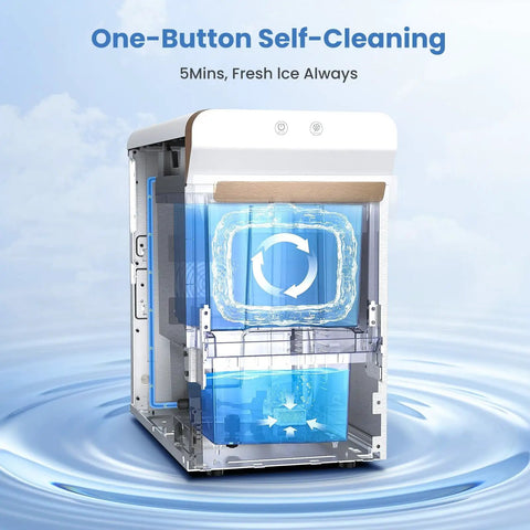 V2.0 Nugget Ice Maker Delivers Chewable Pebble Ice Fast On The Counter For Home Or Office Use With Self Cleaning And Energy Efficient Performance 38 Lbs Per Day Pellet Ice Machine Ideal Gift showing one-button self-cleaning feature.
