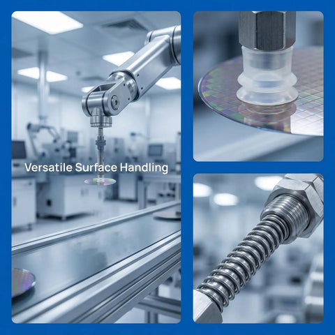 Heavy Duty M9 Threaded Pneumatic Suction Cup Holder With Spring Buffer For Robots gripping a wafer on an automation line.
