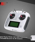 White 10 Channel 2.4G AFHDS 2A RC Transmitter With FS iA6B Receiver for quadcopter drone control, front view with display