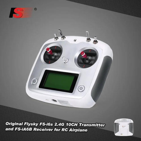 White 10 Channel 2.4G AFHDS 2A RC Transmitter With FS iA6B Receiver for quadcopter drone control, front view with display