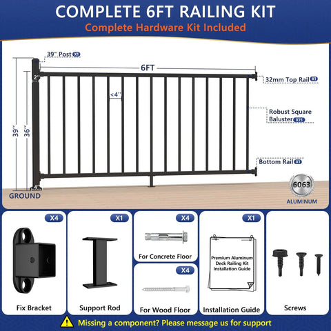 Heavy Duty Modular Deck Railing System 36 Inches High By 6 Feet Long Solid 6063 Aluminum Rails complete kit with posts and fasteners.