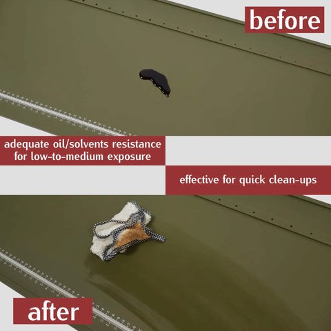 Hella Spacious Magnetic Gun Cleaning Mat Fifty Point Two Inches Long Built Tough Oil Resistant Floor Pad showing oil resistance before and after cleanup.