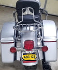 Rear view of motorcycle with American Flag Motorcycle License Plate Frame Stainless Steel Bike Tag Holder, USA Proud 1 Pack